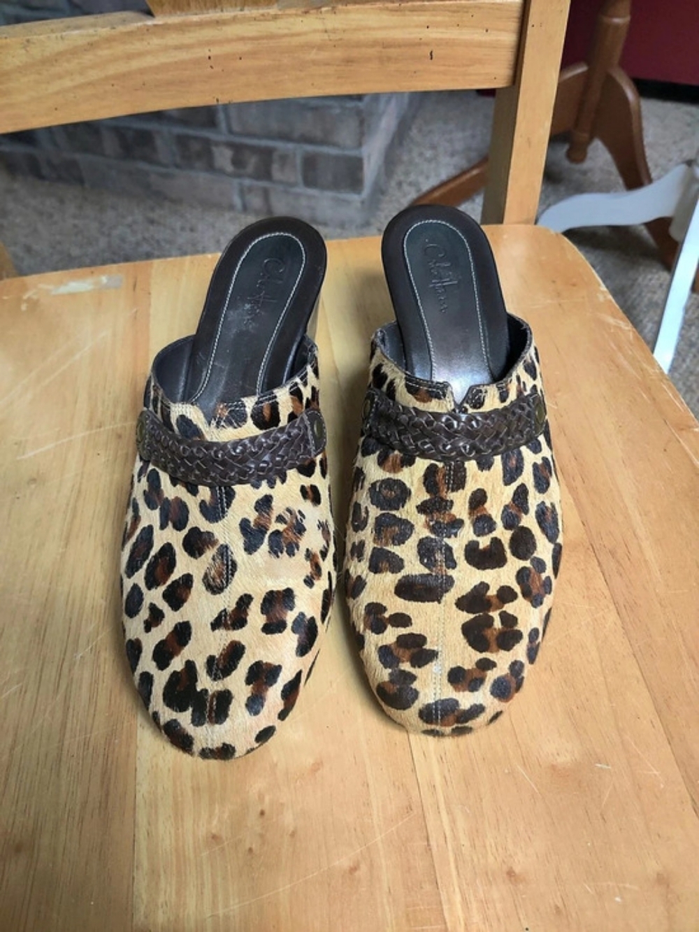 Cold Haan Leopard Print Wedge Mules in Brown & Black